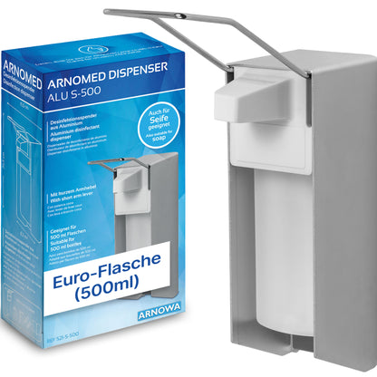 Der ARNOMED DISPENSER Manueller Seifen- und Desinfektionsmittelspender aus Aluminium der ARNOWA GmbH verfügt über einen langen Hebel und ist neben seiner blau-weißen Verpackung mit der Aufschrift "Euro-Flasche (500ml)" abgebildet. Ideal für hygienische Seifen- oder Desinfektionsmittelspender.
