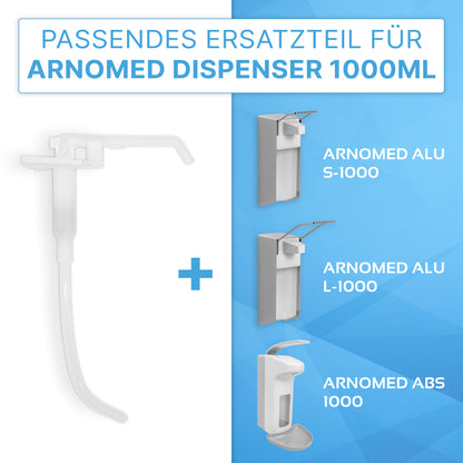 Links ist die weiße, transparente ARNOMED DISPENSER DOSIERPUMPE Ersatzpumpe der ARNOWA GmbH zu sehen, mit Text und Symbolen, die auf die Kompatibilität mit 1000ml ARNOMED Dispensern hinweisen; rechts sind drei passende Dispenserbilder auf blauem Hintergrund zu sehen.