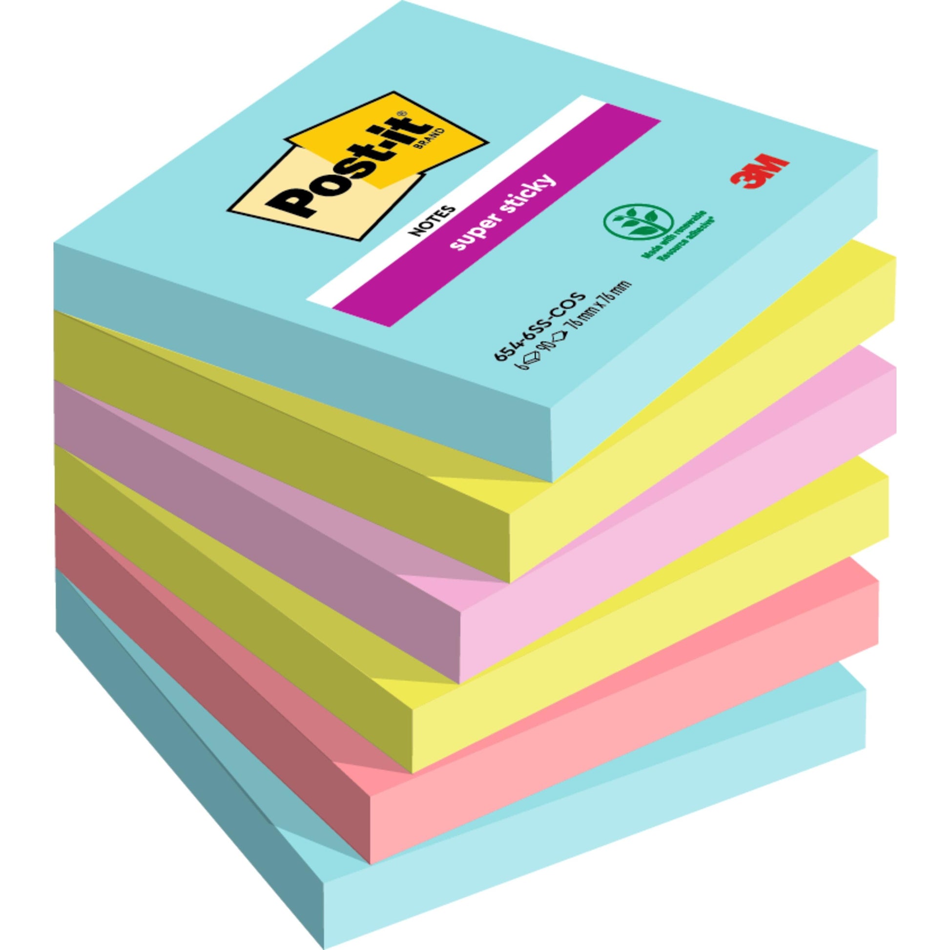 Ein Stapel von sechs 3M Post-it® Super Sticky Notes, 76 mm x 76 mm, jeder Block mit 90 Blatt in den Farben Blau, Gelb, Grün, Rosa, Orange und Hellblau. Der obere Block ist mit einem Branding und einem 100 % PEFC-Öko-Logo versehen.