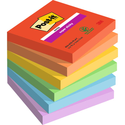 Ein Stapel von acht 76 mm x 76 mm großen Post-it® Super Sticky Notes der 3M Deutschland GmbH in verschiedenen Farben, jeder Block enthält 90 Blatt und ist aus 100% PEFC-zertifiziertem Papier hergestellt.
