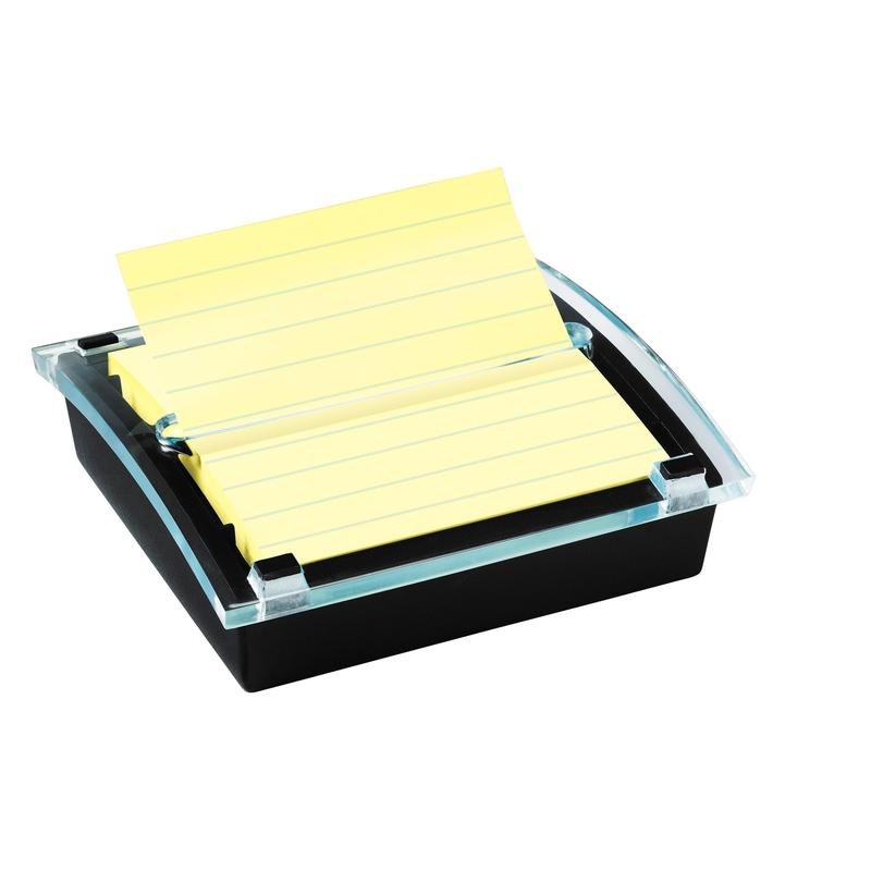 3M Post-it® Z-Notes Dispenser XL v černé barvě pojme balení velkých, žlutých, linkovaných Super Sticky Z-Notes (101 x 101 mm, 90 listů) s připravenou poznámkou - perfektní pro váš stůl.