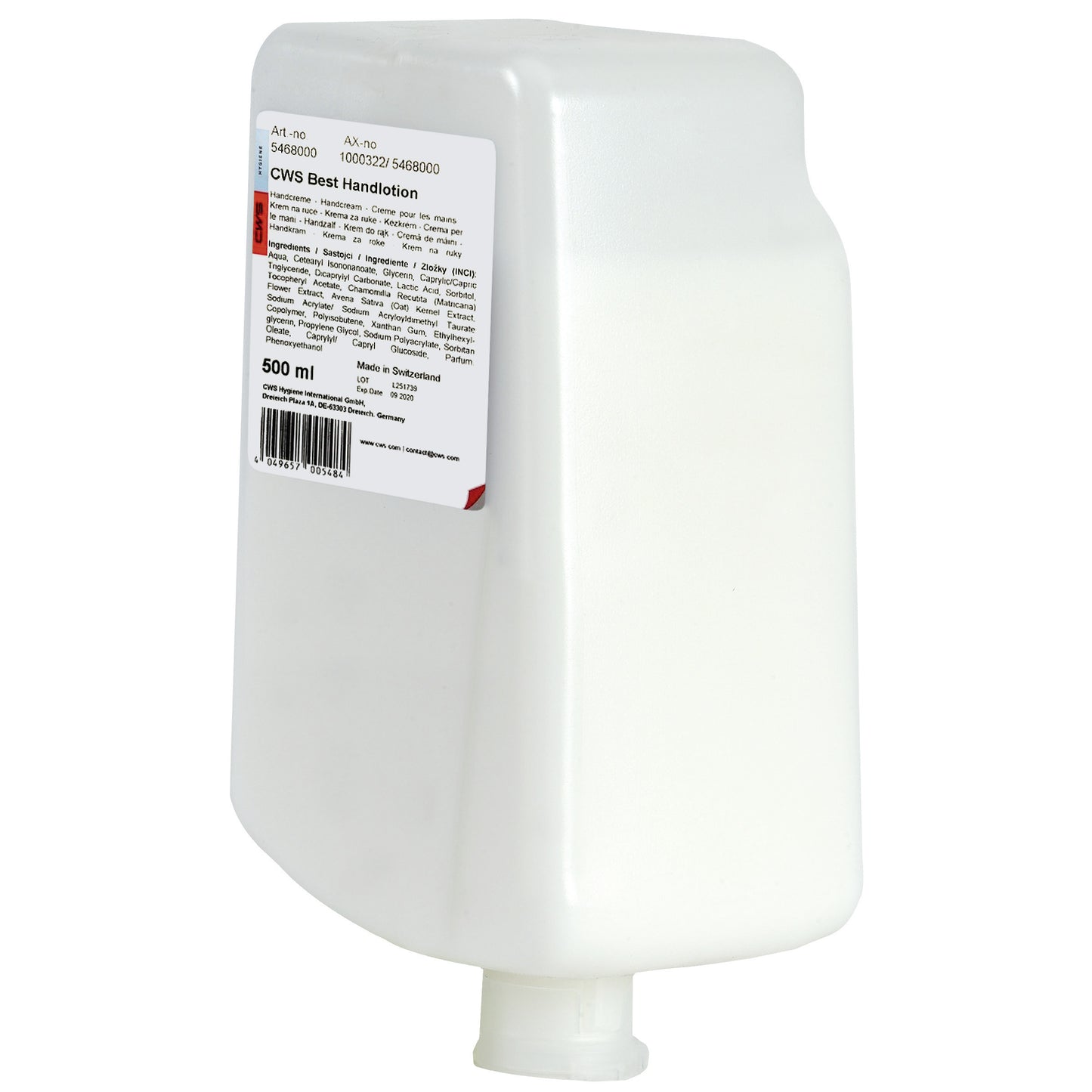 Bílá, obdélníková 500ml láhev CWS Handlotion s informacemi o produktu, čárovým kódem a malou spodní tryskou pro každodenní a kvalitní péči o ruce. S nápisem "CWS Handlotion, Nejlepší Handlotion 500 ml | Láhev (500 ml)".