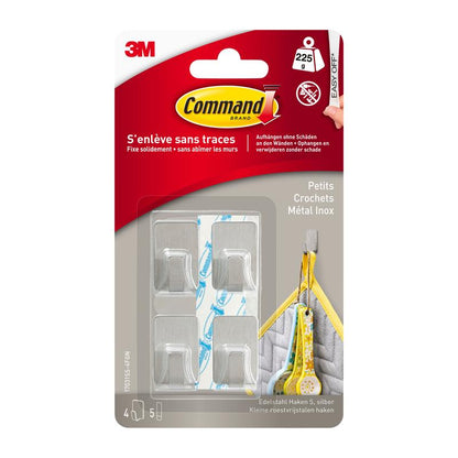 Command™ nerezový kovový háček velikosti S, 17031SS-4ES od 3M Deutschland GmbH obsahuje 4 samolepicí háčky a 5 pásků, nabízí bezpoškozující organizaci stěn, snadné odstranění a na obalu ukazuje francouzský text a obrázky aplikace.