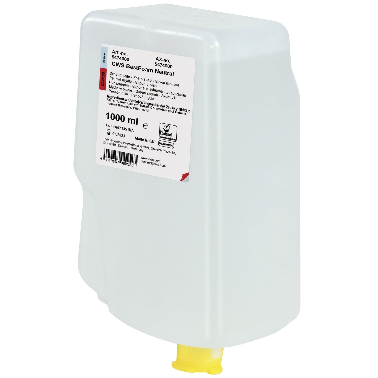 Průhledný plastový obdélníkový kontejner se žlutou hubicí dávkuje pěnu CWS BestFoam Neutral. Bílý štítek s nápisem "CWS BestFoam 1000 ml" upozorňuje na jemné složení pro každodenní hygienu rukou.