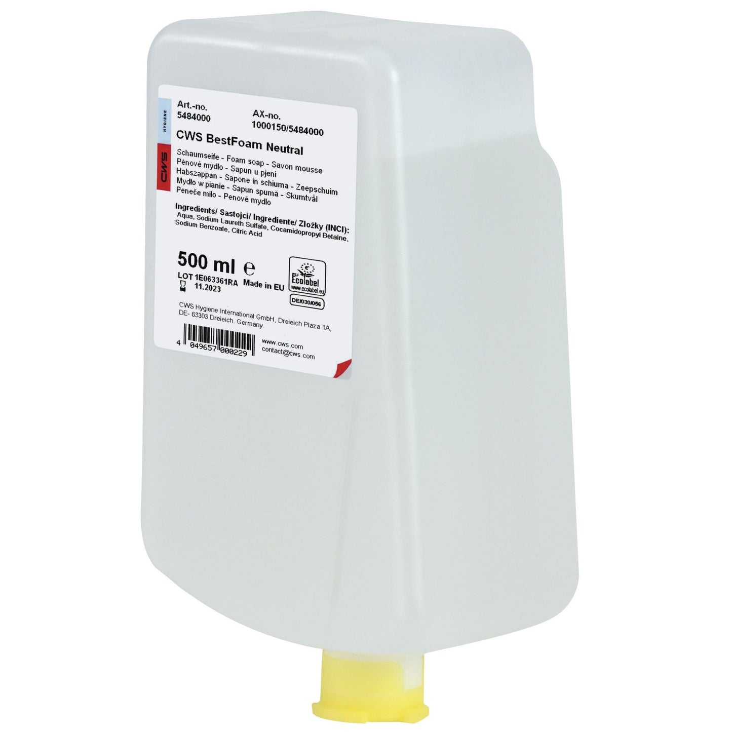 500ml nádoba z průhledného plastu se žlutým dávkovacím víčkem a bílým štítkem s nápisem "CWS Seifenschaum BestFoam Neutral". Jemné složení vytváří měkkou pěnu, a je tak ideální pro každodenní hygienu rukou. Značka: CWS.