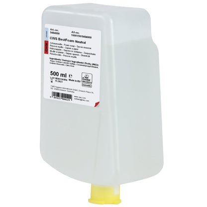 500ml nádoba z průhledného plastu se žlutým dávkovacím víčkem a bílým štítkem s nápisem "CWS Seifenschaum BestFoam Neutral". Jemné složení vytváří měkkou pěnu, a je tak ideální pro každodenní hygienu rukou. Značka: CWS.