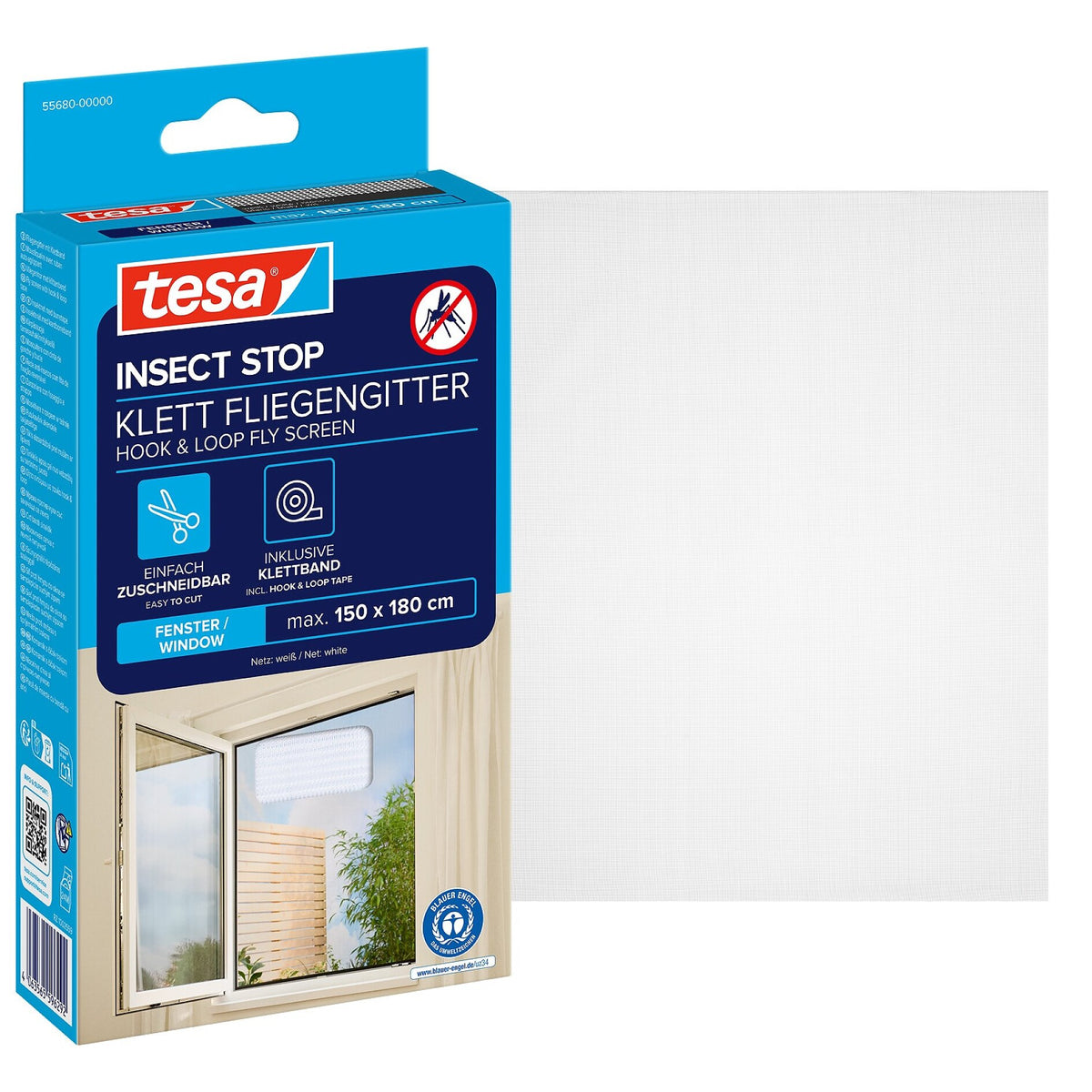 tesa INSECT STOP Klett Fliegengitter für Fenster weiß, 150 x 180 cm