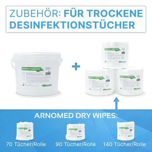 Links: Weißer ARNOMED Spendereimer mit der Aufschrift "Arnomed Sprühcremer" der ARNOWA GmbH. Rechts: Drei ARNOMED Spendereimer für Vliestuchrollen (70, 90, 140 Tücher) - ideal für die Desinfektion.