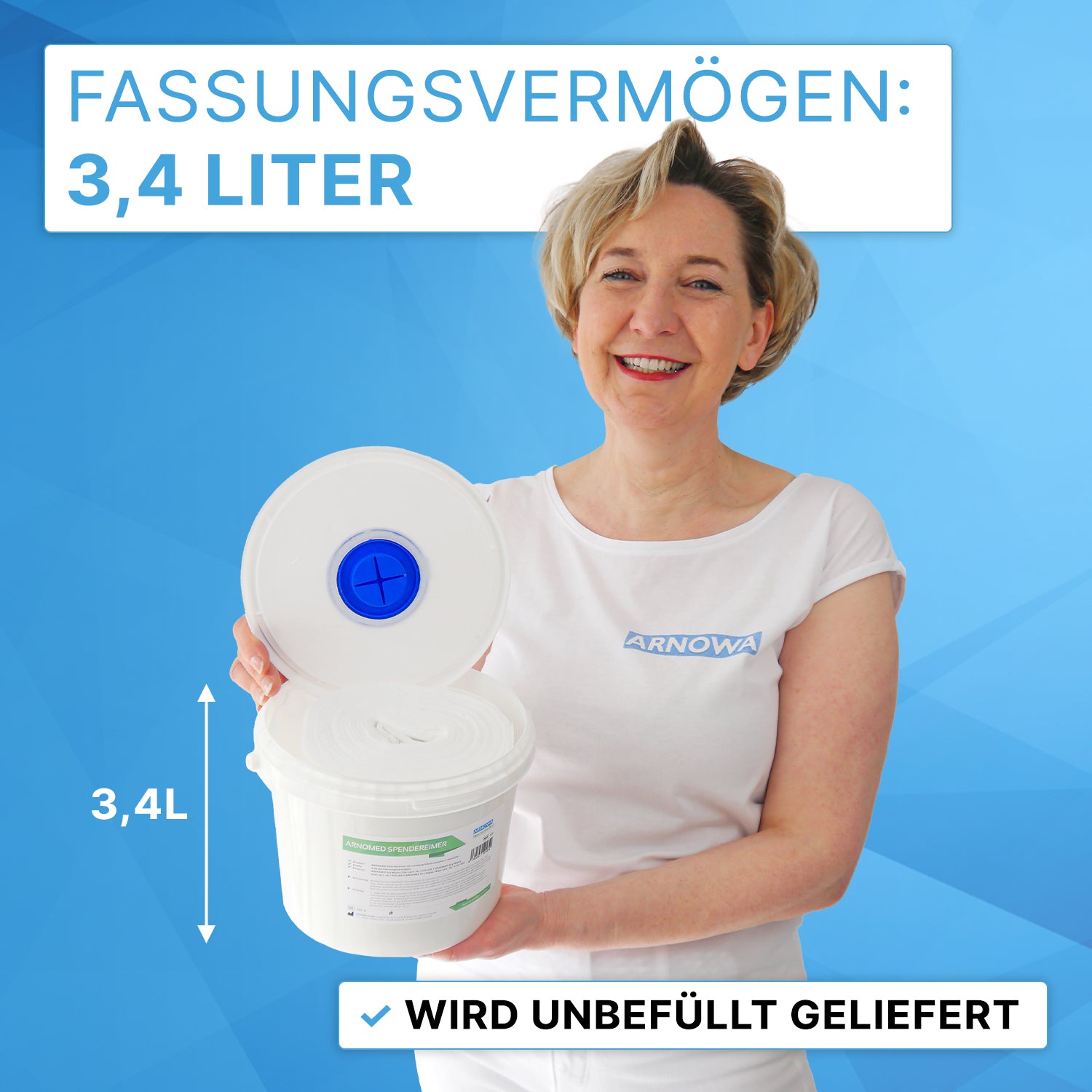 Eine Frau in einem weißen Hemd hält den ARNOMED Spendereimer für Vliestuchrollen von ARNOWA GmbH. Der offene 3,4-Liter-Behälter, geliefert unbefüllt, ist ideal für Desinfektion dank großem Volumen.