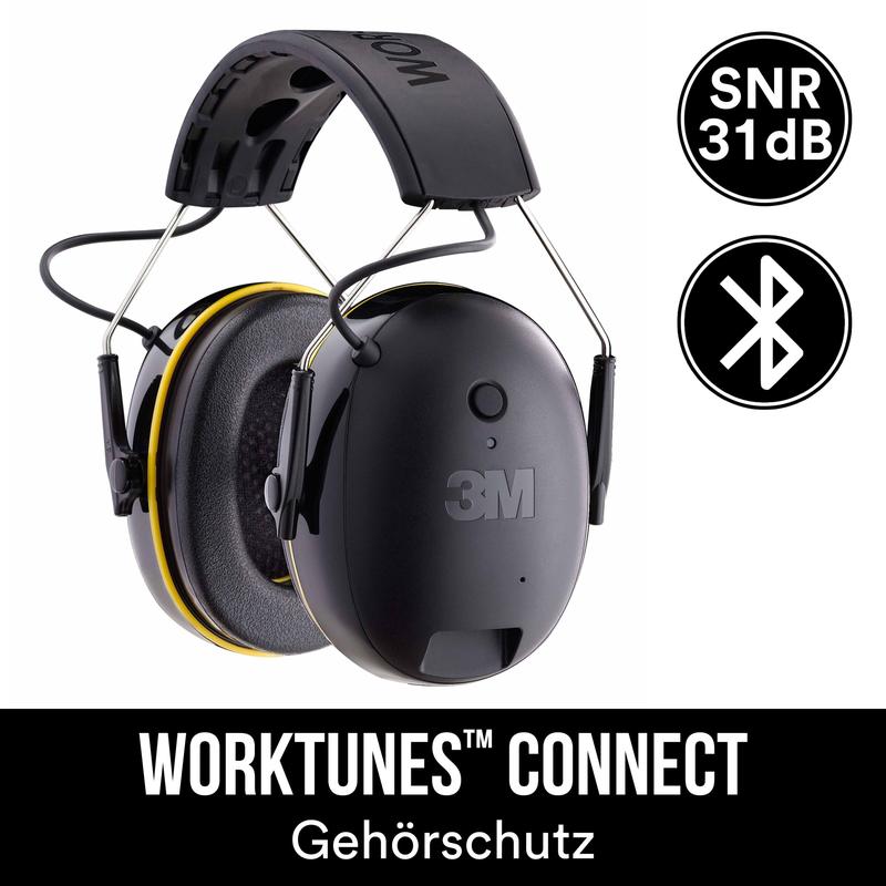 Detailní záběr výběhového produktu: 3M™ WorkTunes™ Connect chránič sluchu 90543E v černé barvě, SNR hodnota 31 dB, Bluetooth®, od 3M Deutschland GmbH. Text: "WORKTUNES CONNECT Chránič sluchu" na černém pozadí.