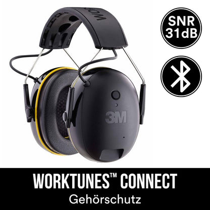 Detailní záběr výběhového produktu: 3M™ WorkTunes™ Connect chránič sluchu 90543E v černé barvě, SNR hodnota 31 dB, Bluetooth®, od 3M Deutschland GmbH. Text: "WORKTUNES CONNECT Chránič sluchu" na černém pozadí.