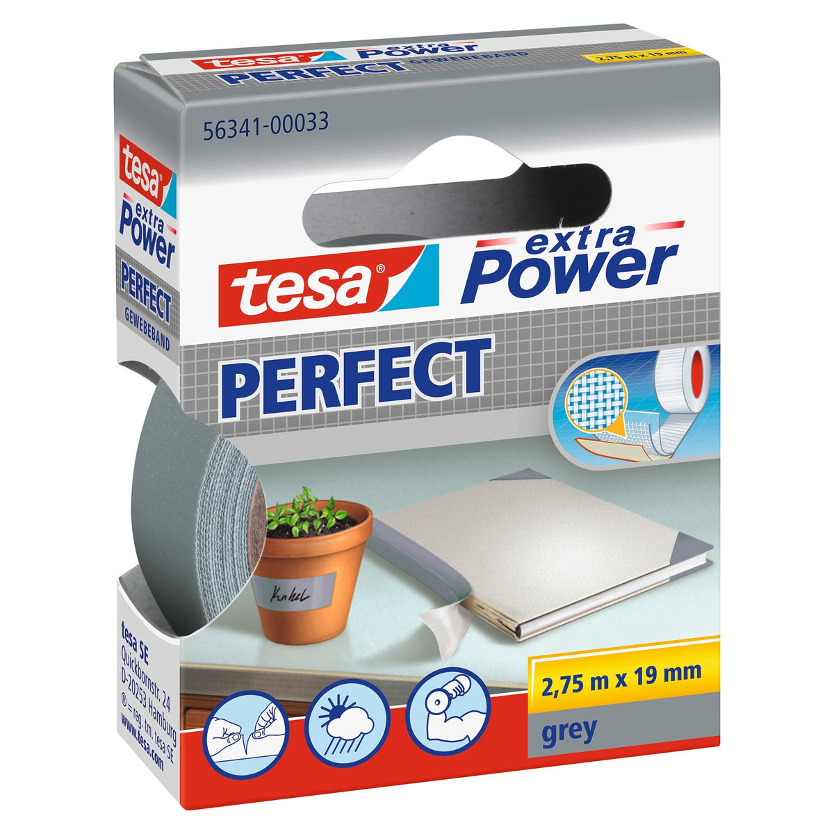 tesa extra Power Perfect Gewebeband grau, 2,75 m x 19 mm