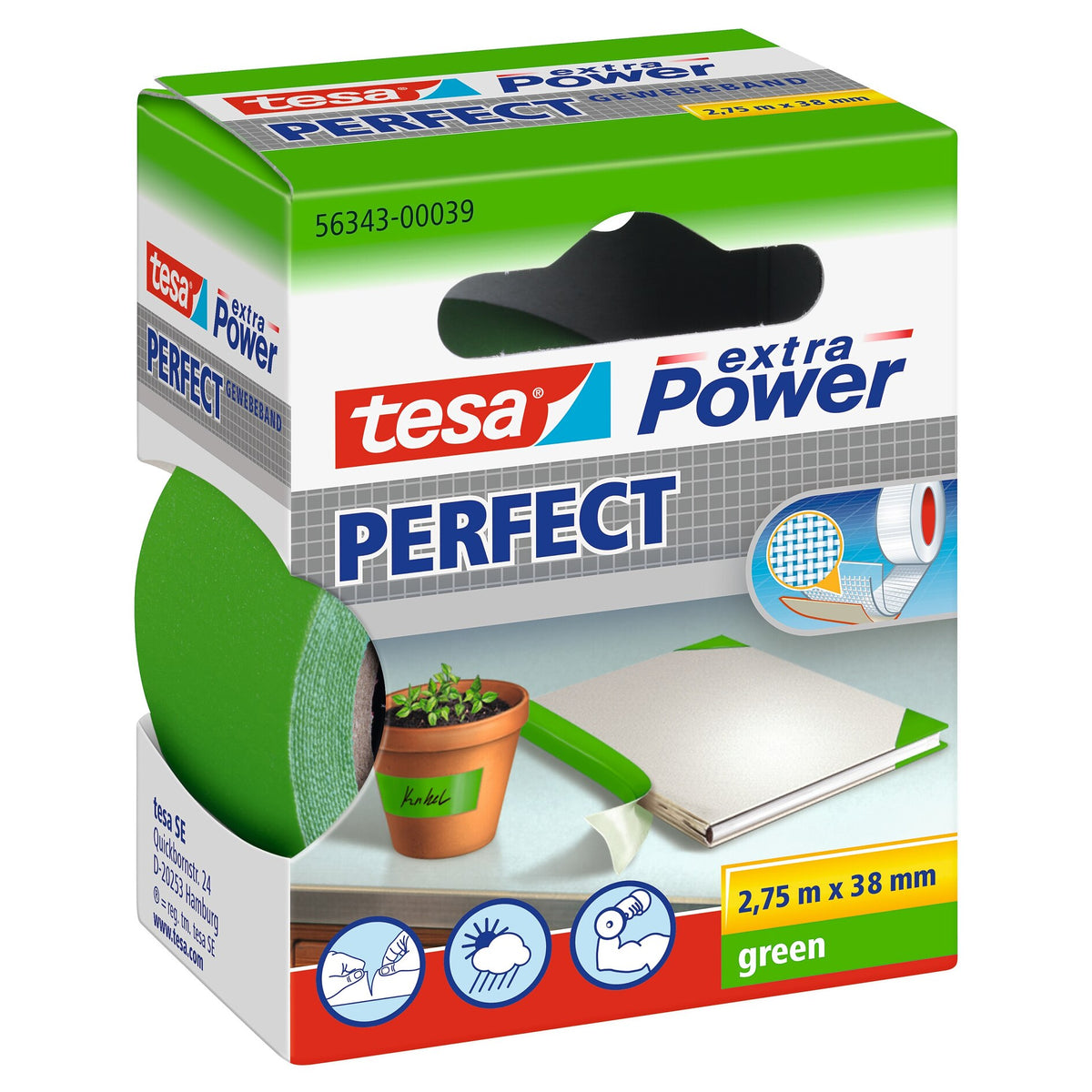 tesa extra Power Perfect Gewebeband grün, 2,75 m x 38 mm