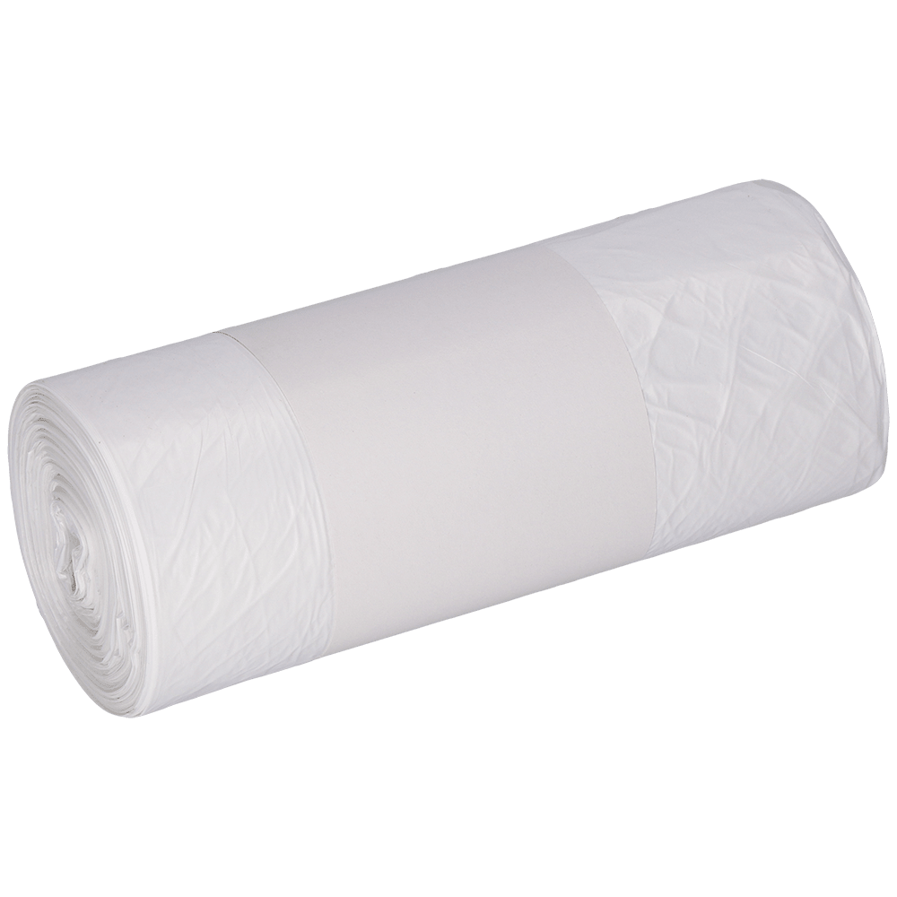 Role EMIL DEISS KG (GmbH + Co.) DEISS 56939 odpadkové pytle (630x850 mm, bílá, 40 kusů) s jednoduchým bílým štítkem uprostřed na světlém pozadí.