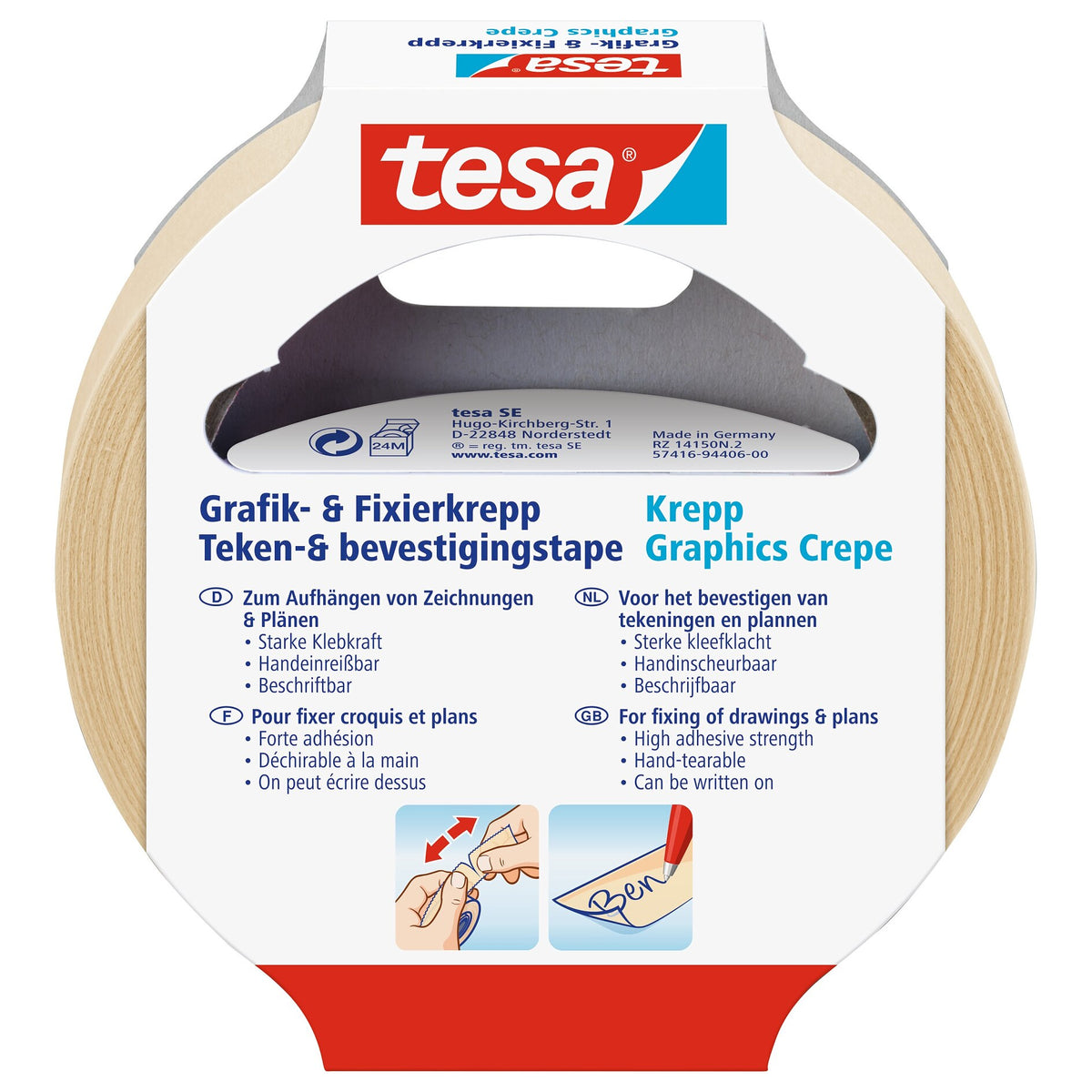 tesa Grafik- und Fixier-Krepp Fixierklebeband chamois, 25 m x 19 mm