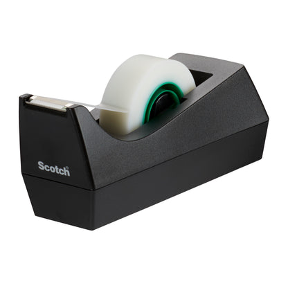 Černý stolní dávkovač Scotch® C38 od 3M Deutschland GmbH obsahuje 3 role pásky Scotch® Magic™ (19 mm x 33 m), vyrobené s 66 % rostlinného lepidla - praktické díky kovové řezací hraně.