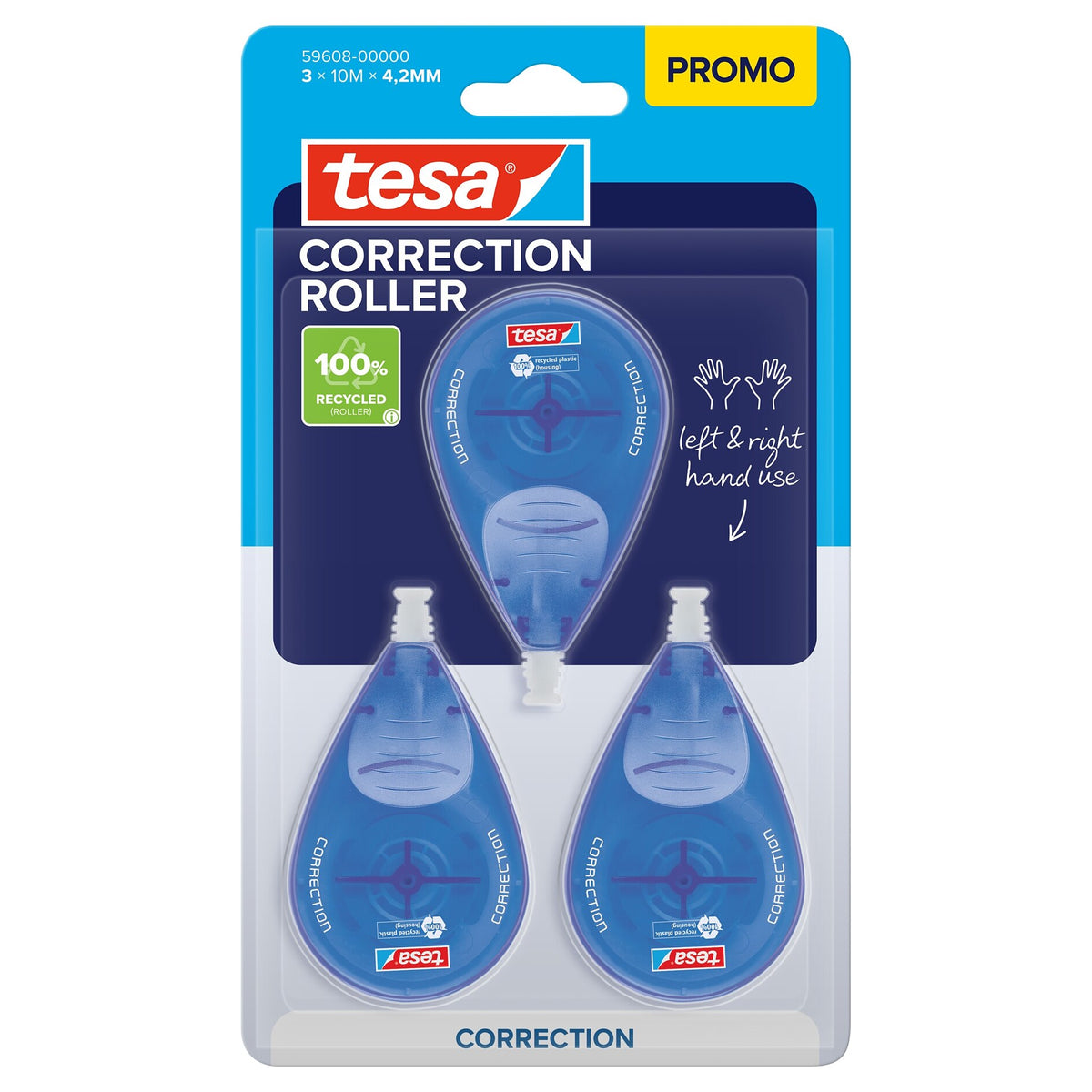 tesa CORRECTION ROLLER na jedno použití, 10 m × 4,2 mm, bílá, v blistru, 3 ks