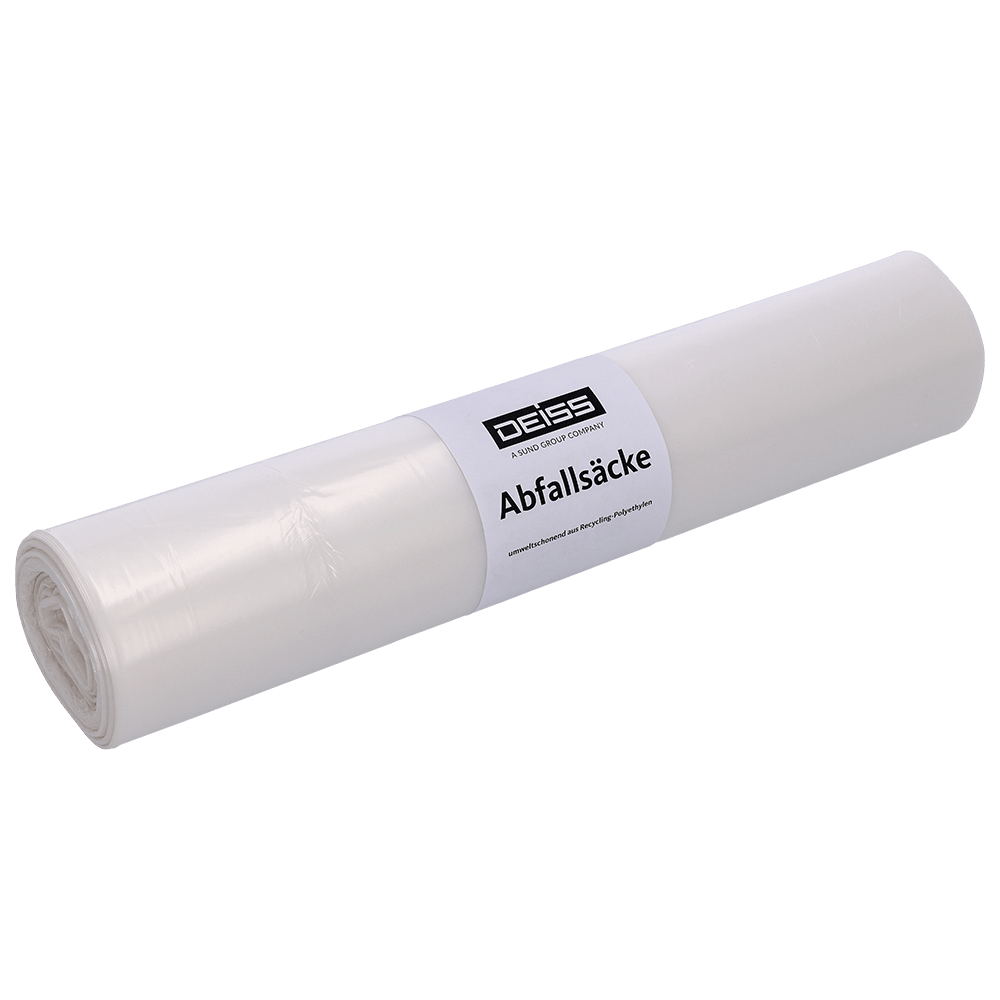 Zobrazeno je balení 50 kusů EMIL DEISS KG (GmbH + Co.) DEISS 59903 průhledných odpadkových pytlů (620x750 mm), zabalených v průhledném plastu a označených nápisem "Deiss odpadkové pytle", na jednobarevném bílém pozadí.