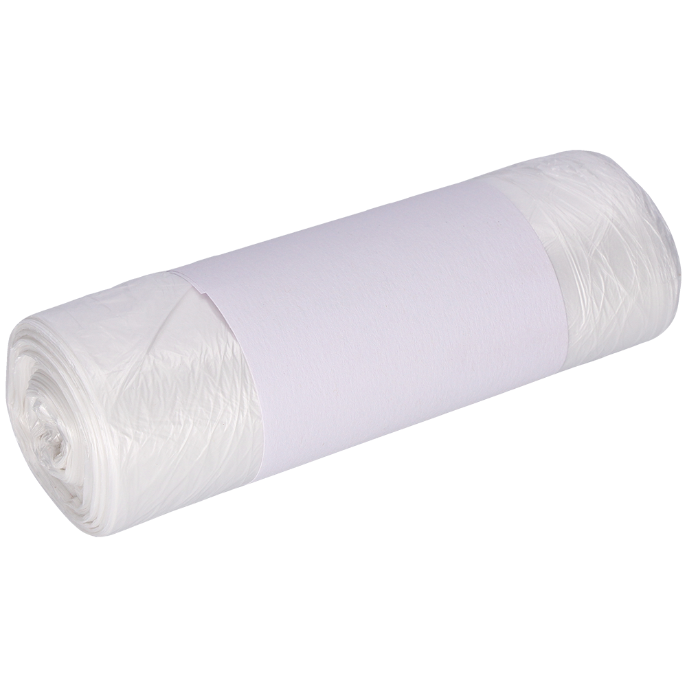 Eine Rolle DEISS Müllbeutel 490x600 mm aus HDPE 30 l der EMIL DEISS KG (GmbH + Co.) ist mit einer einfarbig weißen Papierbanderole umwickelt und dicht verpackt vor einem hellen Hintergrund abgebildet.