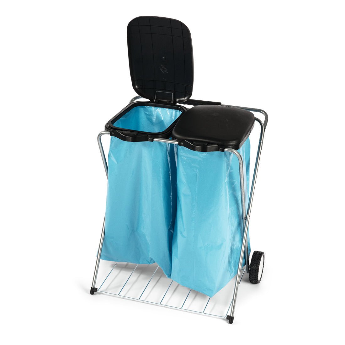 Nölle Profi mobilní sběrač odpadu, 2-násobný (66x37x78 cm) od Nölle Profi Brush kartáčová a štětcová technika e.K. nabízí dva kovové přihrádky s černými víky a kolečky pro snadné třídění odpadu a mobilitu.