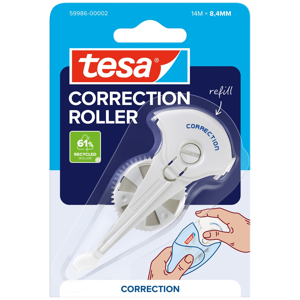 tesa CORRECTION ROLLER, bílá, v blistru, náplň, 14 m × 8,4 mm