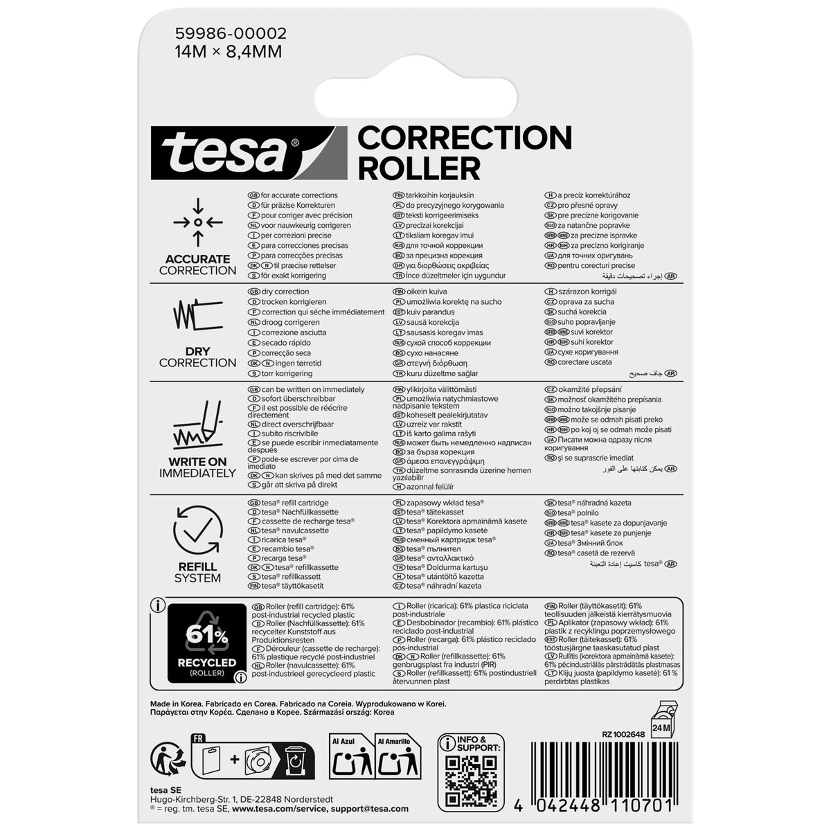 tesa CORRECTION ROLLER, bílá, v blistru, náplň, 14 m × 8,4 mm