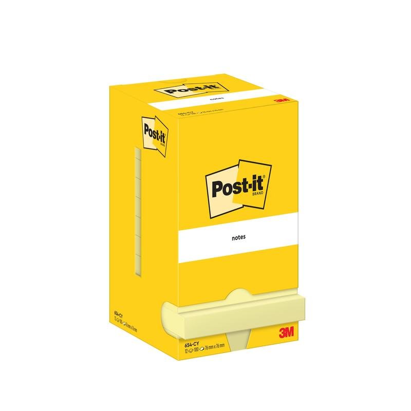 Zobrazená je žlutá krabička Post-it® Notes (76 x 76 mm, 100 listů/blok, 12 bloků/balení) od 3M Deutschland GmbH s dávkovacím otvorem. Kartonové balení je 100% PEFC certifikováno (SGSCH-PEFC-COC-110078).