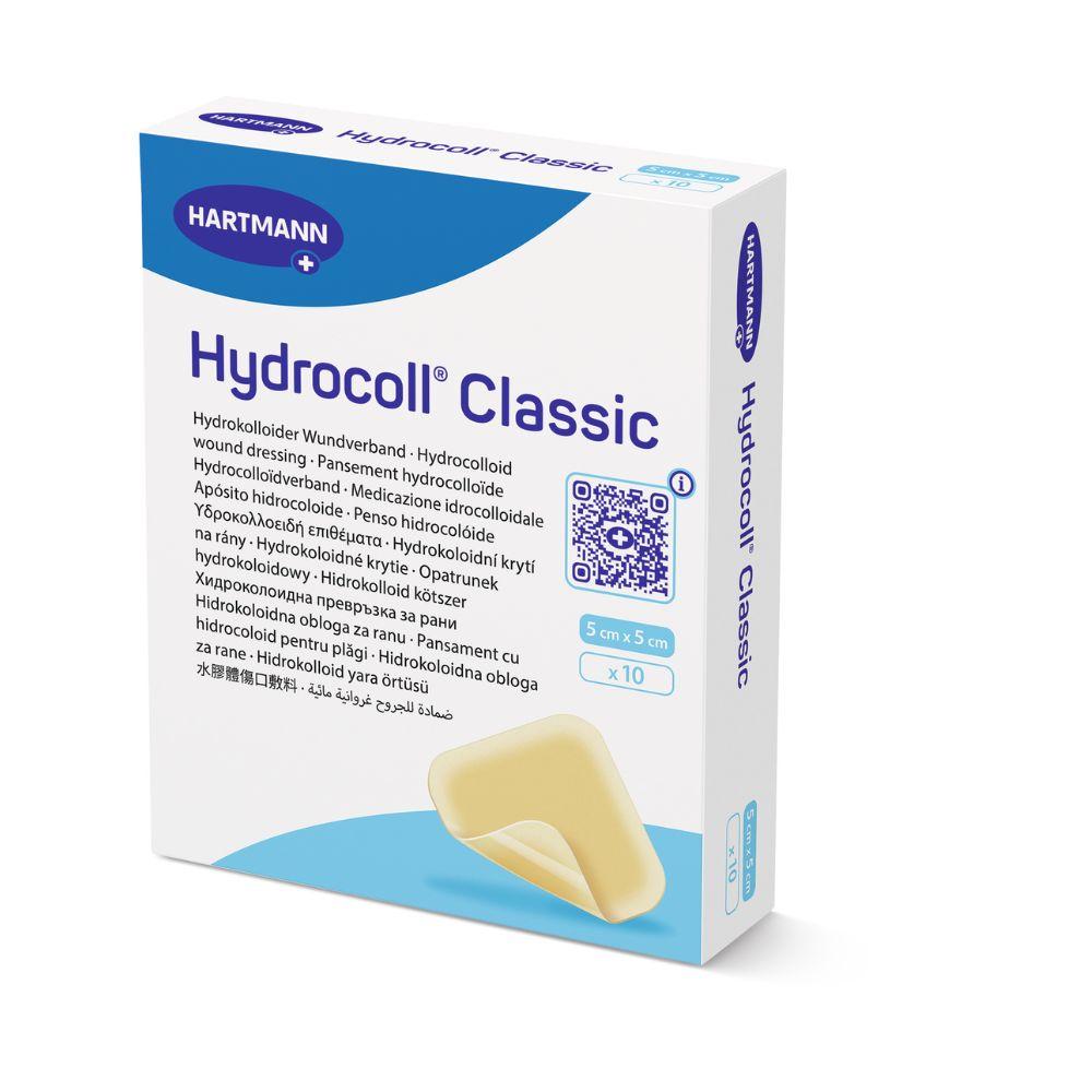 Eine Packung Hartmann Hydrocoll Classic Verband steril von Paul Hartmann AG, einzeln eingesiegelt; 10 Verbände (5 cm x 5 cm), mit mehrsprachiger Produktinformation, QR-Code und Verbandbild. Ideal für die feuchte Wundversorgung und zur Unterstützung der Granulation und Epithelisierung.