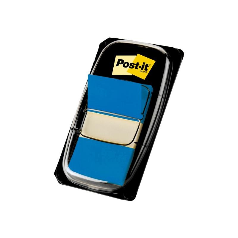 Plastový dávkovač od 3M Deutschland GmbH s Post-it® Index záložkami, standardní velikost (25,4 mm x 43,2 mm), 50 modrých praporků na dávkovač, se žlutým a černým Post-it logem na obalu.