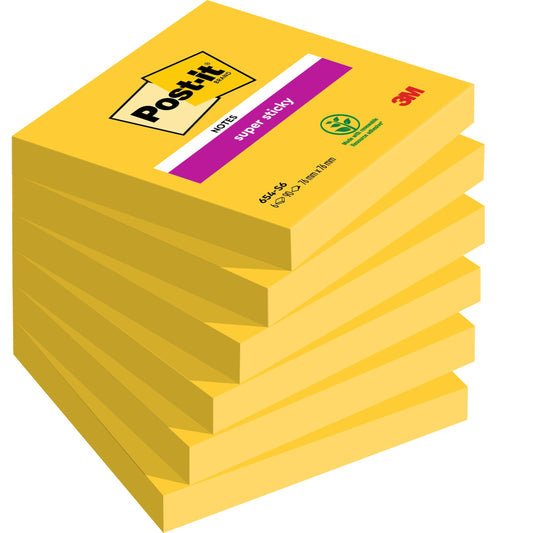 Abgebildet ist ein Stapel von sieben gelben Post-it® Notes (76x76 mm, je 90 Blatt, 100% PEFC, SGSCH-PEFC-COC-110078) der 3M Deutschland GmbH. Auf dem obersten Block sind "super sticky", ein Recycling-Symbol und das 3M-Logo abgebildet.