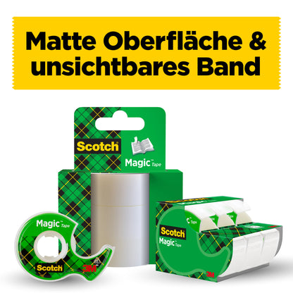 Abgebildet ist eine Packung 3M Deutschland GmbH Scotch® Magic™ Unsichtbares Klebeband (19 mm x 25 m) im grün-karierten Design, mit einer Rolle im Handabroller plus 5 m gratis. Oben steht der deutsche Text: "Matte Oberfläche & unsichtbares Band.