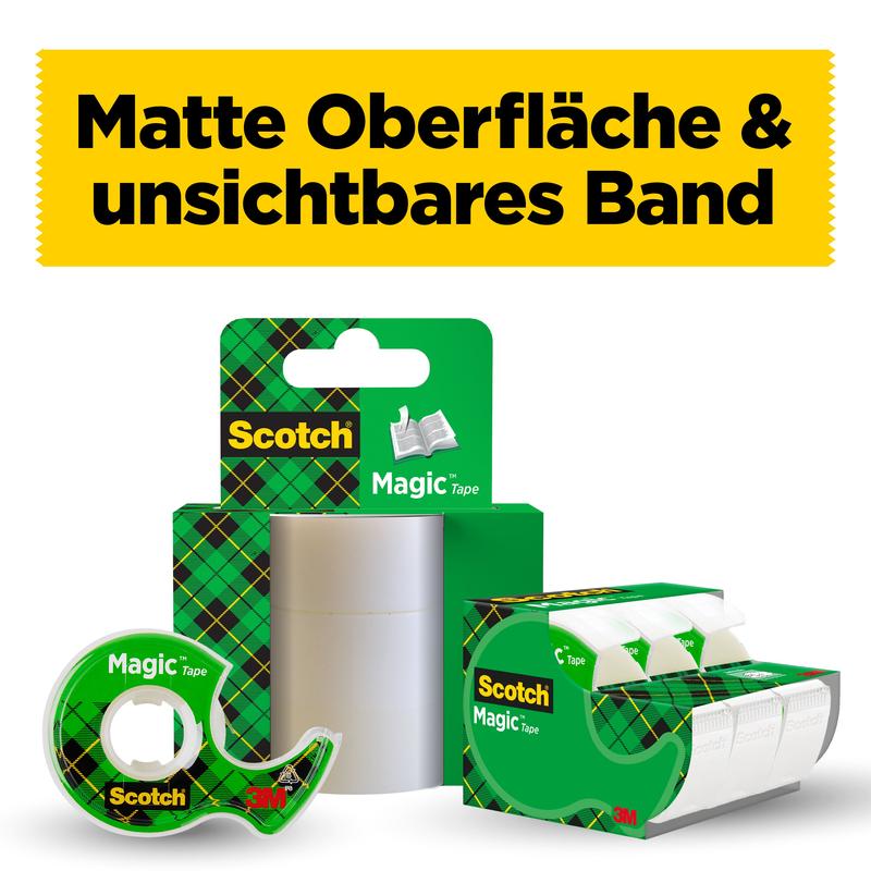 Displej s Scotch® Magic™ Neviditelnou páskou od 3M Deutschland GmbH (2 role, 19 mm x 7,5 m + 1 ruční odvíječ ZDARMA), se žlutým bannerem s nápisem "Matný povrch & neviditelná páska."