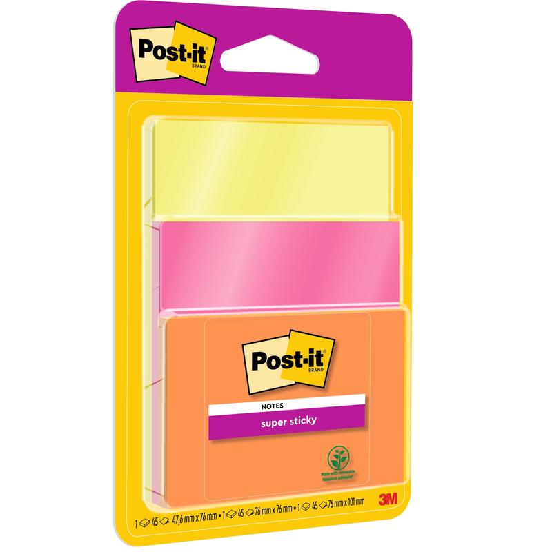 Balení 3M Post-it® Super Sticky Notes (76x76 mm, 45 listů, 3 bloky/balení) v různých barvách, 100% PEFC certifikováno (SGSCH-PEFC-COC-110078), v průhledném obalu s logem 3M Deutschland GmbH.