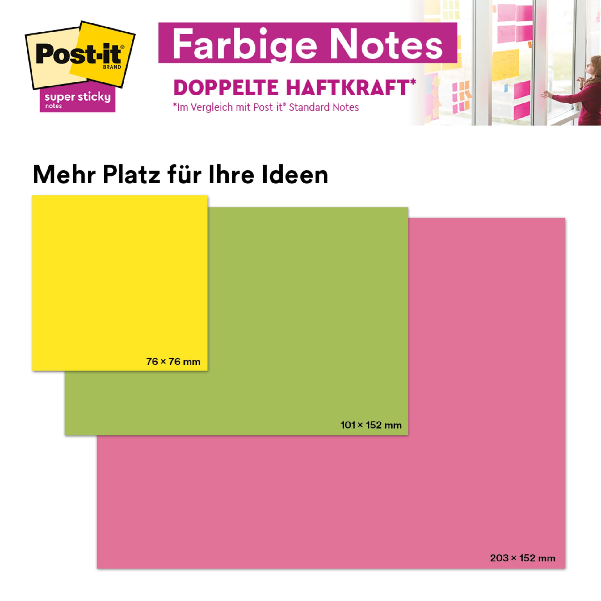 Vergleich dreier unterschiedlich großer und farbiger Post-it® Super Sticky Meeting Notes von 3M: Neonfarben, Maße 76x76 mm (gelb), 101x152 mm (grün) und extra viel Platz für Ideen bei 203x152 mm (verschiedene Neonfarben).