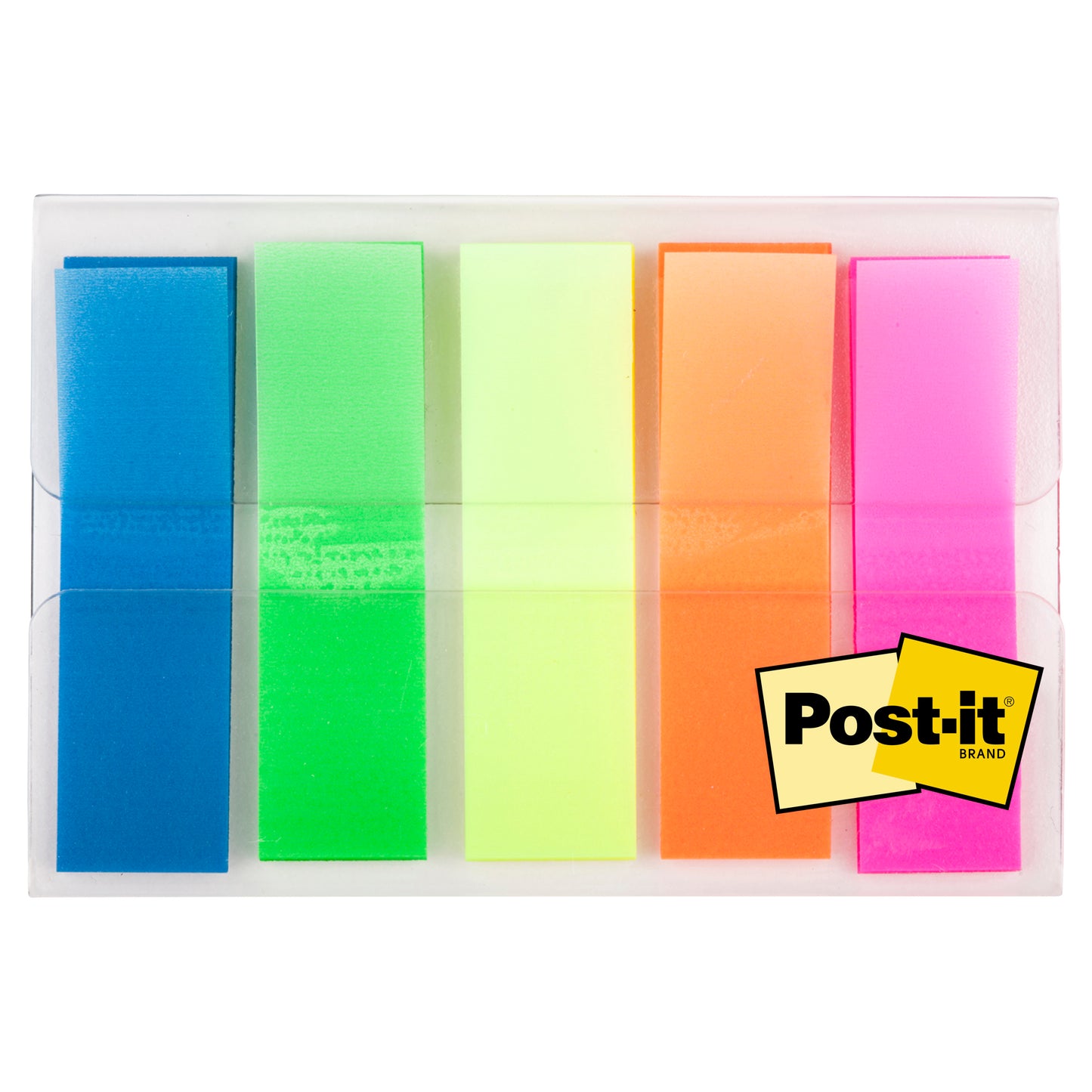 Průhledný plastový kufřík obsahuje 100 Post-it® Index Lepicích proužků Mini (11,9 x 43,2 mm) v barvách modrá, zelená, žlutá, oranžová a růžová od 3M Deutschland GmbH. Logo značky Post-it se nachází v pravém dolním rohu dávkovače.