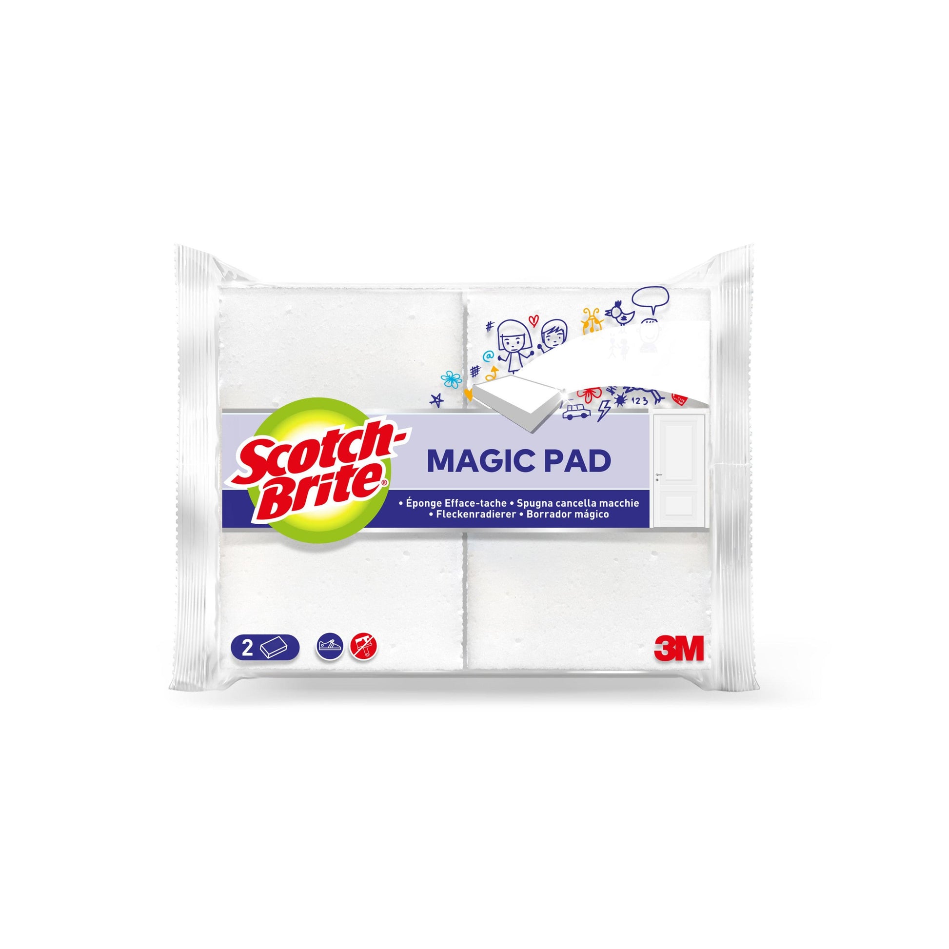 Abgebildet ist eine Packung Scotch-Brite® Magic Pad der 3M Deutschland GmbH mit einer überwiegend weißen Verpackung und einem lila Etikett. Die Packung enthält zwei Pads, ist mit dem Scotch-Brite-Logo versehen und zeigt Text in mehreren Sprachen.