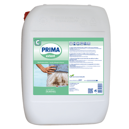 Bílá plastová nádoba s 25 kg Dr. Schnell PRIMA EXTENT zesilovače pracího prostředku od DR.SCHNELL GmbH & Co. KGaA, vyvinutá pro profesionální čištění, s obrázkem špinavé košile a vícejazyčnými pokyny na etiketě.