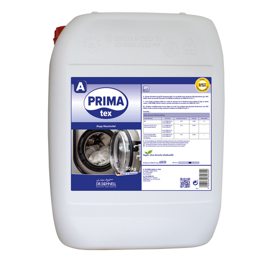 Ein großer weißer 20 kg Kunststoffbehälter mit der Aufschrift "Dr. Schnell PRIMA TEX" der DR.SCHNELL GmbH & Co. KGaA ist mit einem blauen Etikett mit Waschmaschinenbild, Dosierungstabelle und gelber Zertifizierungsmarke versehen - ideal für die professionelle Reinigung.