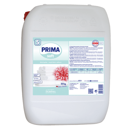 Bílý 20kg plastový kontejner od Dr. Schnell PRIMA SOFT soft aviváž od DR.SCHNELL GmbH & Co. KGaA, s modro-bílou etiketou se složenými ručníky, růžovým květem a produktovými informacemi v němčině.