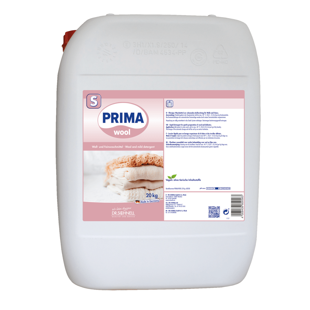 Ein weißer 20 kg Kanister Dr. Schnell PRIMA WOOL Flüssiges Waschmittel für Wolle und Feines von DR.SCHNELL GmbH & Co. KGaA, reinigt hygienisch Wolle und Feines mit Produktinformation und Anwendungshinweisen auf dem Etikett.