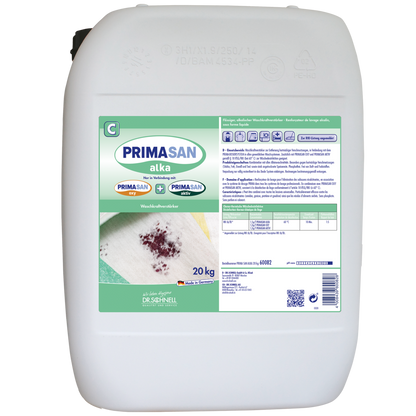 Ein weißer 20-kg-Kunststoffbehälter mit der Aufschrift "Dr. Schnell PRIMA SAN ALKA" der DR.SCHNELL GmbH & Co. KGaA, ein alkalischer Reiniger für den professionellen Gebrauch, mit Anleitungen, Logos, einer Abbildung eines verschmutzten Tuchs und Sicherheitshinweisen für gewerbliche Anwendungen.