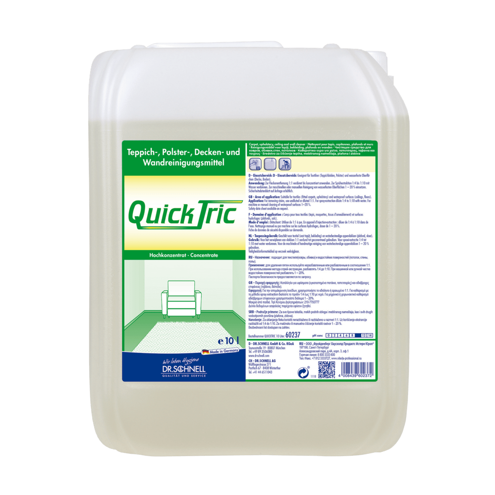 Ein 10-Liter-Kunststoffbehälter von Dr. Schnell QUICK TRIC von DR.SCHNELL GmbH & Co. KGaA, ein konzentriertes Reinigungsmittel für die professionelle Reinigung von Teppichen, Polstern, Decken und Wänden; das Etikett enthält Anweisungen und die Abbildung einer Couch und eines Teppichs.