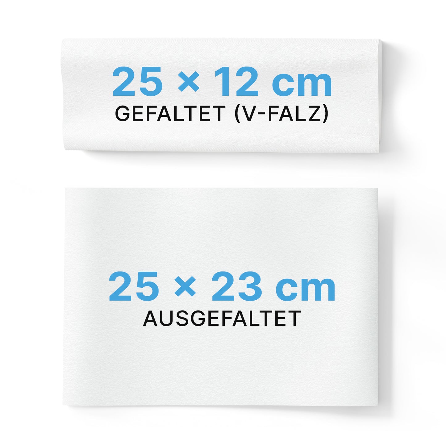 Zwei weiße ARNOMED Papierhandtücher 25 x 23 cm | V-Falz von ARNOWA GmbH: das obere ist gefaltet und mit "25 x 12 cm GEFALTET (V-FALZ)" beschriftet, das untere ist ungefaltet und mit "25 x 23 cm AUSGEFALTET" beschriftet, beide in schwarzer und blauer Schrift.