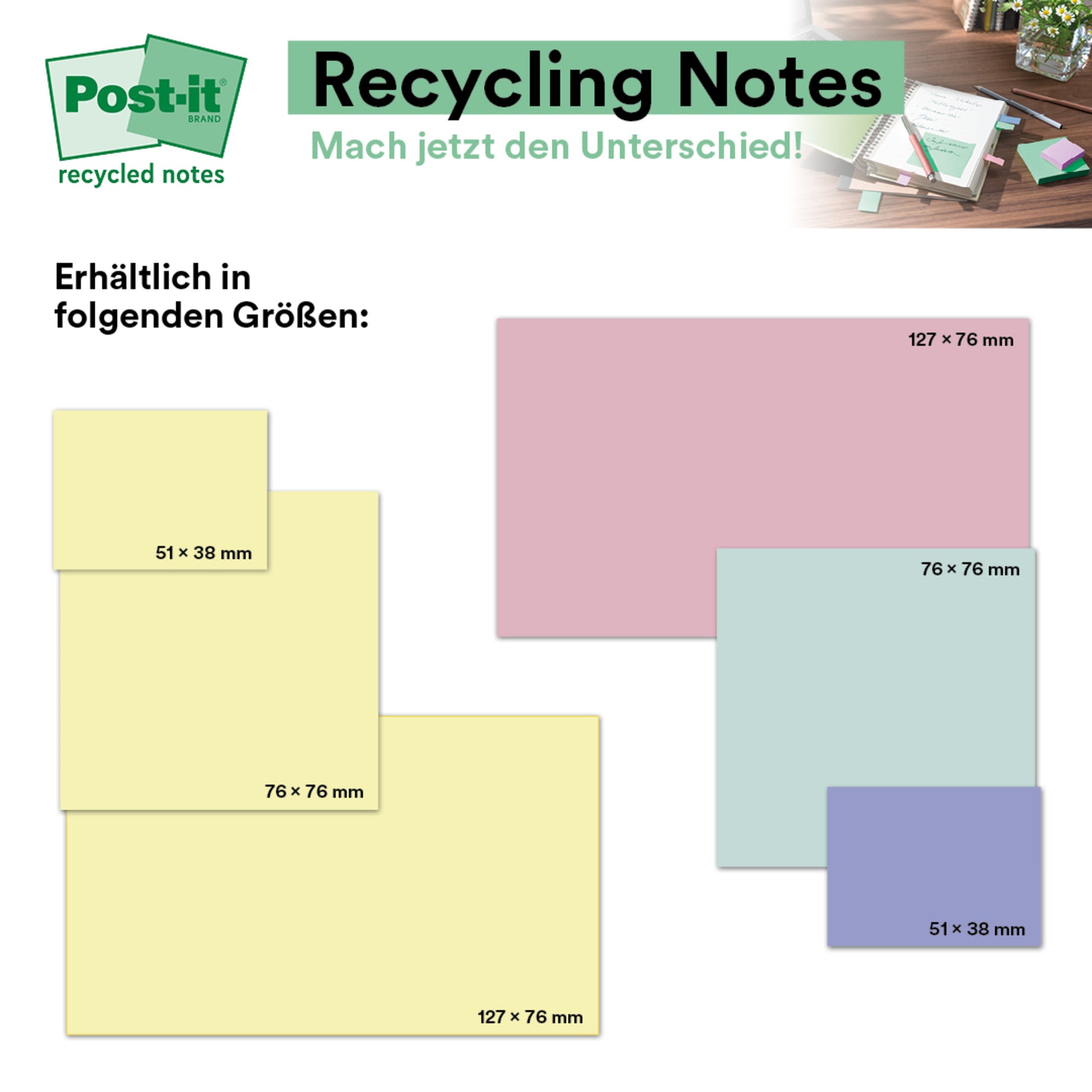 Eine Grafik zeigt die Post-it® Recycling Notes (Gelb, 76 mm x 127 mm, 100 Blatt/Block, 6 Blöcke/Packung) der 3M Deutschland GmbH mit einem Produktbranding und einem Schreibtischbild. Die Notizen sind in Pastellfarben dargestellt.