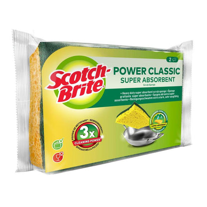 Balení čisticí houbičky Scotch-Brite® Classic od 3M Deutschland GmbH zobrazuje dvě žluto-zelené houbičky s nápisem "3x čisticí síla" na obalu a obrázkem kovového hrnce k vyčištění.