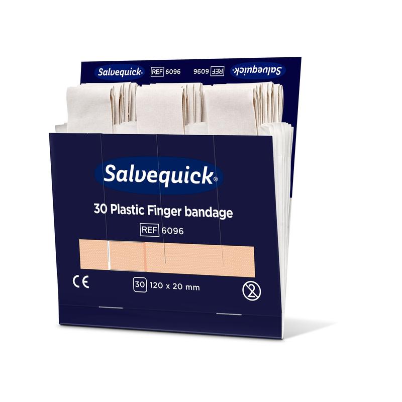 Eine Schachtel Orkla Wound Care AB Fingerbinde aus Kunststoff, 120 x 20 mm, 30 Stück, zeigt mehrere beigefarbene Fingerbinden in der offenen dunkelblauen Verpackung mit weißer und blauer Aufschrift. Die Packung enthält 6 Stück.