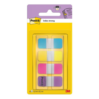 Balení 3M Post-it® Index Strong Ablagetabs, Mini (15,8 mm x 38,1 mm), obsahuje 40 barevných záložek (modrá, fialová, růžová, žlutá) v dávkovači pro efektivní organizaci dokumentů. Od 3M Deutschland GmbH.
