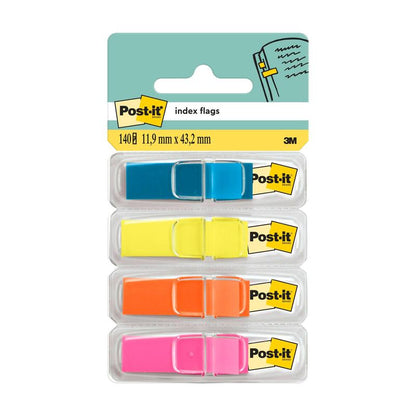 Balení Post-it® Index Mini (11,9 mm x 43,2 mm) od 3M Deutschland GmbH obsahuje čtyři barevné proužky (modrý, žlutý, oranžový, růžový) v dávkovačích s etiketami, které ukazují logo a podrobnosti o produktu v angličtině a metrických jednotkách.