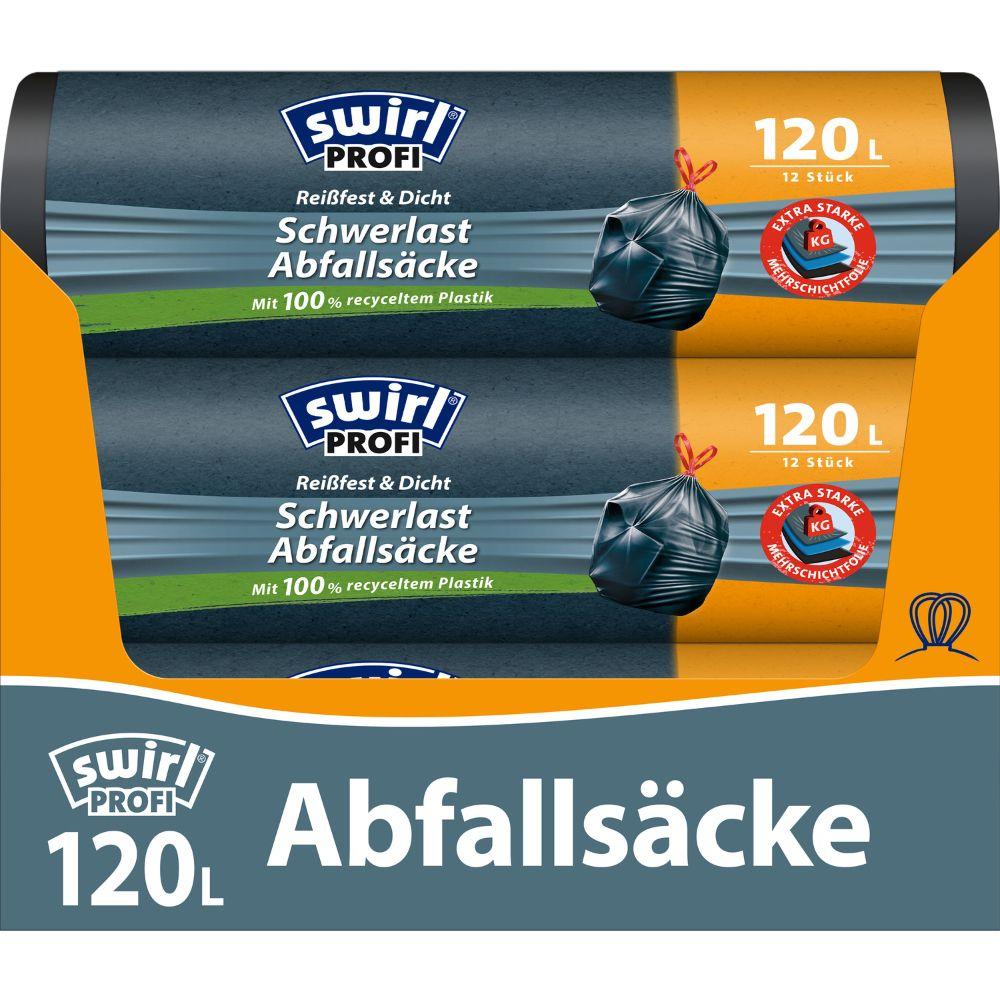 Abgebildet sind zwei Rollen Müllbeutel Swirl Schwerlast-Säcke Profi (von Melitta Europa GmbH & Co. KG), jeweils 120L mit 12 Beuteln pro Rolle, aus 100% recyceltem Kunststoff in blauer und orangefarbener Verpackung.