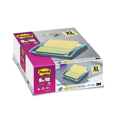 Krabice s Post-it® Z-Notes Dispenser XL, černá od 3M Deutschland GmbH se super lepivým žlutým, linkovaným poznámkovým blokem (101 mm x 101 mm, 90 listů) zobrazuje informace o produktu, branding a obrázek dávkovače v akci.